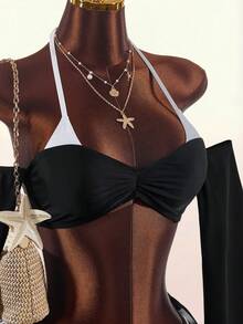 Amplova Women's Long Sleeve Color Block Swimwear, Sexy Avant-Garde Style, Suitable For Vacation And Beach Party Wear, 2 In 1 Detail Summer Black - Black and White - View 8