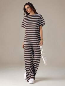 SHEIN Tall Colorful Striped Knit Casual Women's Set - Multicolor - View 7