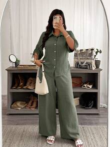 Weeklong Camisa minimalista de talla grande para mujer con manga de cordón y lazo para primavera/verano, estilo commuter - Verde militar - Ver 6