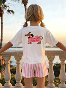 SHEIN 2pcs/Set Young Girl Solid Color Cute Puppy Pattern Loose Casual T-Shirt And Striped Shorts Set - Multicolor - View 3