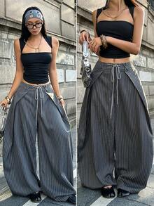Coolane 女士夏季复古休闲嬉皮街头风宽松军绿色裤子 - 深灰色 - 查看 1