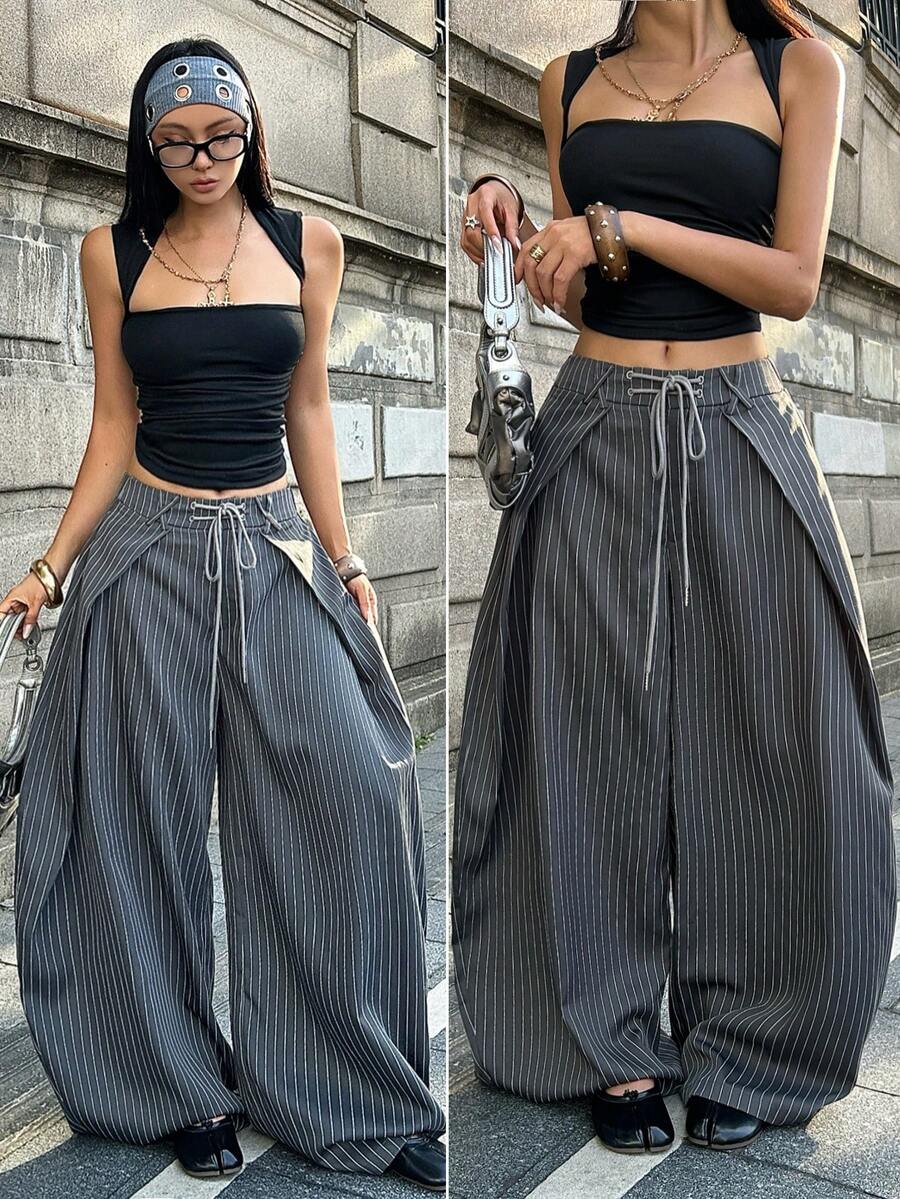 Coolane 女士夏季复古休闲嬉皮街头风宽松军绿色裤子 - 深灰色 - 查看 1