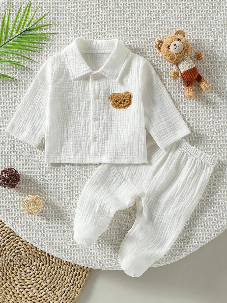SHEIN Playful Pals 新生兒嬰兒睡衣-2件套睡衣組 格紋領圓領長袖連腳褲 前開扣 中性奶油白 四季輕量舒適親膚 2026年假期必備 - 白色 - 查看 1