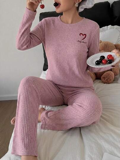 Lotus Root Pink Round Neck Embroidered Comfortable Long Sleeve Pants Women Pajama Set