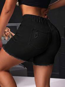 SHEIN SXY 女士做旧毛边口袋抽绳腰时尚牛仔短裤 - 黑色 - 查看 3