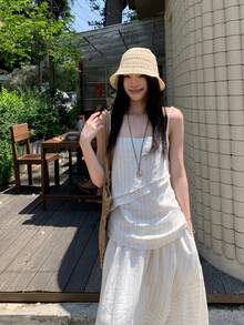 K-Vae French Slouchy Camisole Top & Striped Elastic Waist Tulip Hem Skirt 2pcs Set For Women Summer - White - View 4