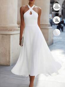 SHEIN Elegant Minimalist Fashion Date/Commute Slim Fit Halter Neck Flowy Dress, Suitable For Women Campus Style Daily Casual Vacation Cruise Travel Beach Sunbathing Outfit Summer Women's Clothing - White - View 1
