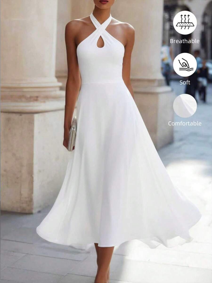 SHEIN Elegant Minimalist Fashion Date/Commute Slim Fit Halter Neck Flowy Dress, Suitable For Women Campus Style Daily Casual Vacation Cruise Travel Beach Sunbathing Outfit Summer Women's Clothing - White - View 1