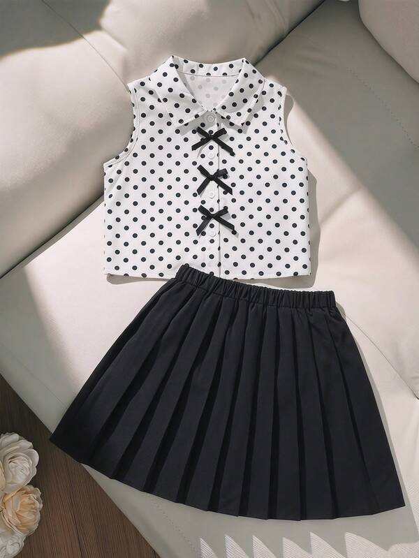 SHEIN Teen Girls' Polka Dot Sleeveless Shirt Set, Summer Collared Bow Top & Black Pleated Skirt, Preppy 2-Piece Tween Girl' Outfit