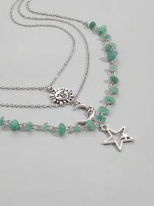 ROMWE Fairycore 3pcs Set Simple Star, Moon & Sun Pendant Bead Chain Necklace - Multicolor - View 4