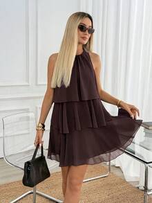 Easowa Vestido corto de mujer con cuello redondo, volantes multicapa, línea A, de gasa transparente y fluido, sin mangas, estilo casual relajado y elegante, estilo Old Money, para ir al trabajo y vacaciones, primavera y verano - Marrón Chocolate - Ver 7