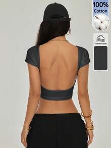 SHEIN PETITE Women's Sexy Solid Color Backless Cropped T-Shirt For Summer - Dark Grey - View 5