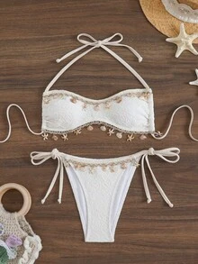 Swim Mod 女款夏季海灘度假紋理面料貝殼裝飾掛脖綁背性感比基尼套裝 - 杏色 - 查看 4