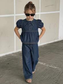 Hapijoa Young Girl Short Puff Sleeve Bow Decor Top And Pants Denim Set Fall - Navy Blue - View 5