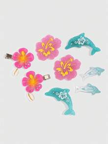 ROMWE Fairycore 8PCS Summer Tropical Flowers & Cute Dolphin Hair Clips, Hibiscus Hair Barrettes, Leisure Bangs Clips & Broken Hair Pins For Summer Vacation - Multicolor 5 - View 3