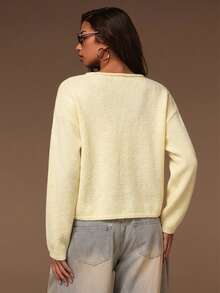Athîral Petite Women's Petite Solid Color Off-Shoulder Long Sleeve Single-Breasted Casual Knit Cardigan, Suitable For Dating And Gatherings Office Pale Yellow Autumn - Yellow - View 2