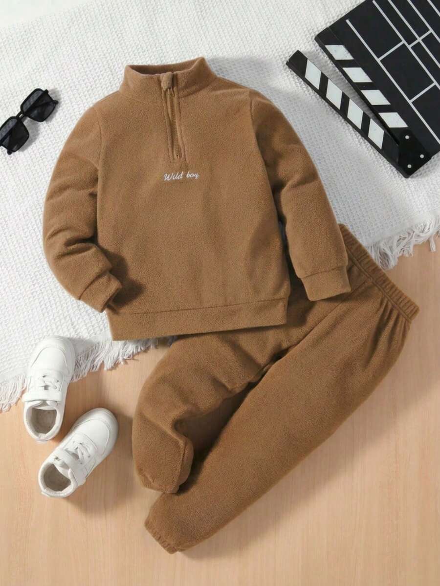 SHEIN Young Boy Autumn/Winter Casual Sweatshirt And Sweatpants 2 Pieces Set - Bronze - View 1