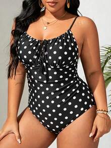 Swim Lushoire Baju Renang Liburan Terusan Motif Polkadot Ukuran Besar dengan Tali di Depan - Hitam dan Putih - View 5