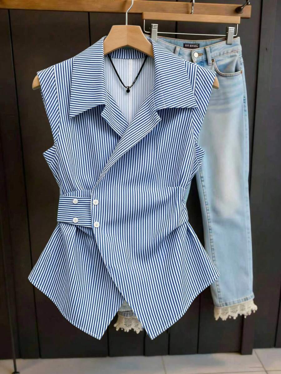 Franclia 女款標準尺寸休閒無袖上衣 - 藍白色 - 查看 1