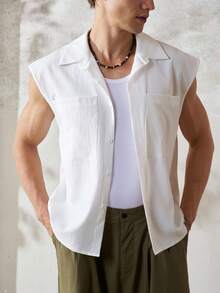 TONEVAULT Men's Pleated Loose Pocket Sleeveless Shirt - White - View 7