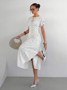 Siren Gaze Summer Elegant French Casual White And Black Polka Dot Maxi Dress For Women, Short Sleeve Tie Strap Ruched Waist Side Slit A-Line Long Dress, Beach - White - View 6