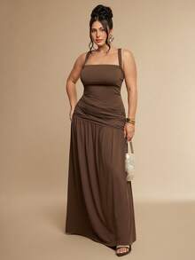 SHEIN BAE CURVE Đầm nữ size lớn thời trang đi du lịch cổ vuông xếp ly màu nâu - màu nâu - Xem 7