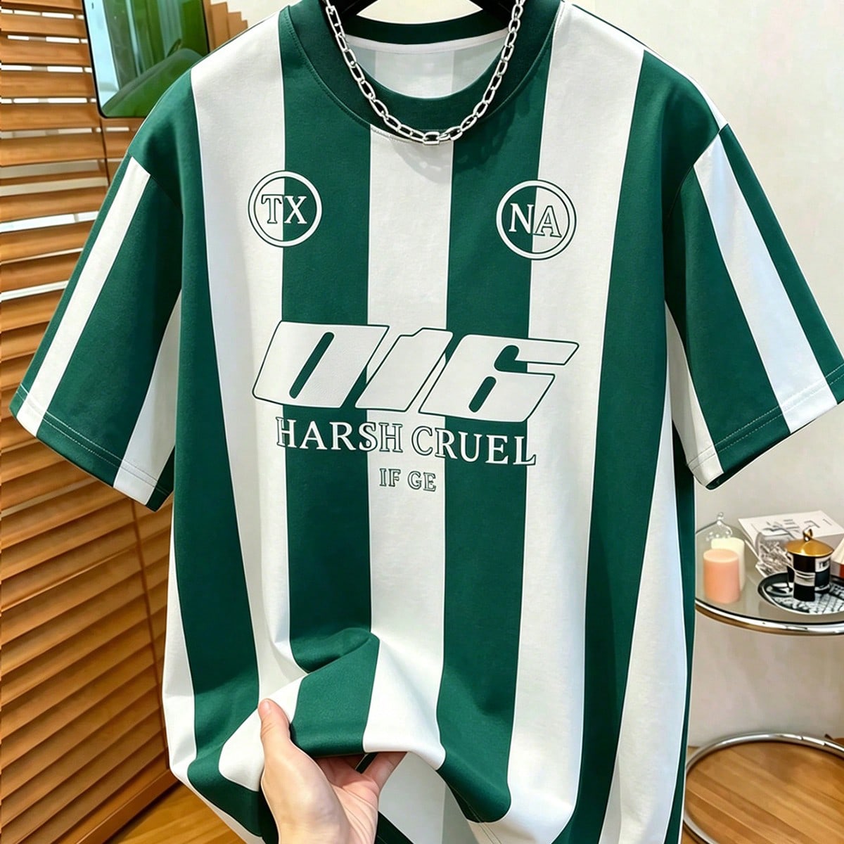 Camiseta casual de manga corta con estampado de letras y rayas para hombre, talla estándar