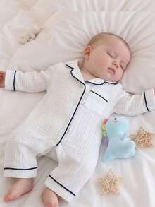 SHEIN Vintaside Kids 新生兒居家連身睡衣，棉質皺褶布料配滾邊，柔軟舒適 - 白色 - 查看 3
