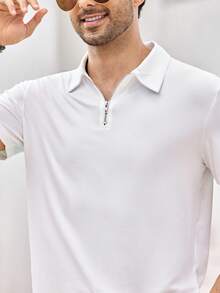 Mercer Haus Men's Casual Solid Color Zipper Short Sleeve T-Shirt, Summer - White - View 8