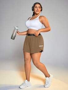 SHEIN Rhythm Era Women's Letter Waistband Pocket Double Layer Sports Shorts - Khaki - View 5
