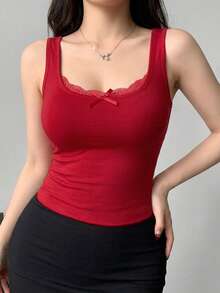 DAZY 女款方領短袖修身 T-shirt 夏季 - 紅色 - 查看 2