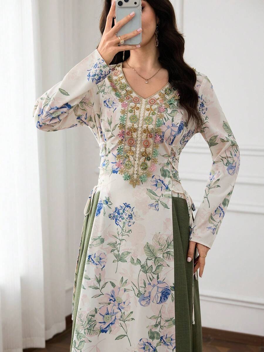 Yasmyna Women's Colorblock Patchwork Floral Print Arabian Dress