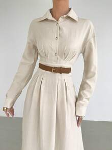 Siren Gaze Women's Solid Color Pleated Cinched Waist Dress, Elegant Casual Office Wear Shirt Dress Beige Autumn - Apricot - View 7
