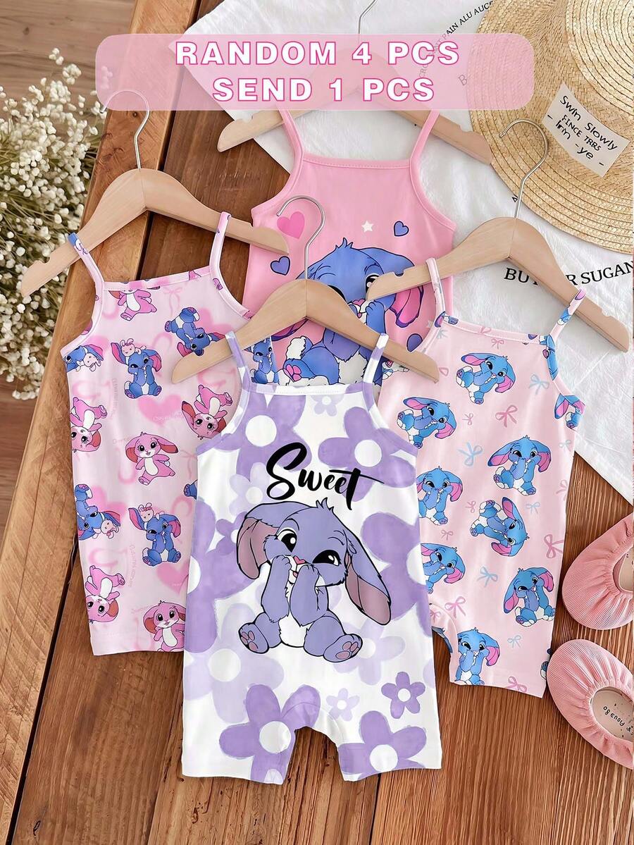Kawaii可愛卡通紫色兔子Lulu & Stitch圖案,芭蕾風,紫色漸層花卉,Chill Chill,嬰兒與女嬰圖案,女嬰休閒細肩帶連身褲,適合春夏,可愛夏季穿搭,夏季女嬰用品,夏季出遊用品,韓風,舒適易穿,時尚女嬰,Y2K,Kawaii,派對,日常,度假,可愛,舒適,田園風,週末休閒,家庭出遊,拍照穿搭 - 彩色 - 查看 1