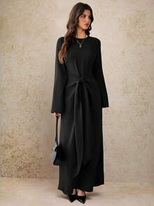 SHEIN Tall 2025夏季與初秋新款，適合生日派對、畢業季、日常出遊，百搭休閒度假、郵輪旅行、海灘與海邊日光浴，網紅熱銷，休閒優雅，通勤派對，圓領長袖喇叭袖，腰部繫帶設計，修身超長洋裝，棕色女款長洋裝 -A，適合高個女性 - 黑色 - 查看 5