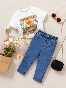 SHEIN Pantalones de mezclilla azul casuales y de moda con pierna recta y banda de cintura con botón para bebé niña, jeans lindos para ropa de regreso a la escuela en otoño, ropa de otoño para bebé niña - Azul lavado oscuro - Ver 3