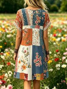 Selamara Bohemian Style Faux Patchwork Floral Print Short Sleeve Top, Women's Summer Vacation Casual Vintage V-Neck Dress - Multicolor - View 2
