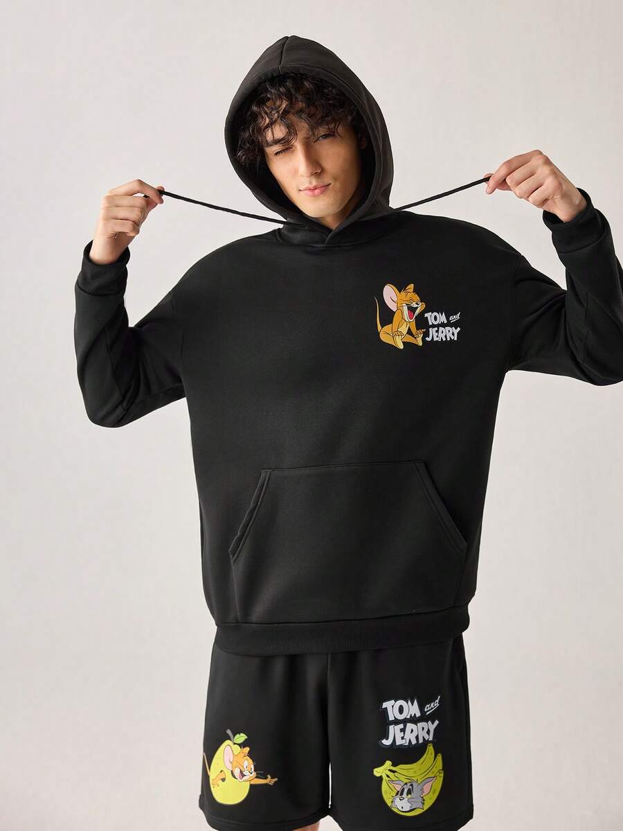 Strevion TOM & JERRY 男士休闲百搭汤姆和杰瑞元素印花连帽卫衣,秋冬款 - 黑色 - 查看 1