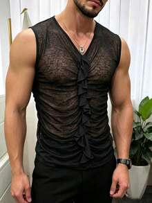 Manfinity Dauomo Men's Summer Slim Fit Sexy Rave Sheer Ruched Vest Party Black - Black - View 5
