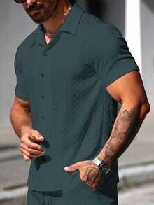 Manfinity Homme Men's Textured Single-Breasted Casual Versatile Short Sleeve Shirt - Cadet Blue - View 6