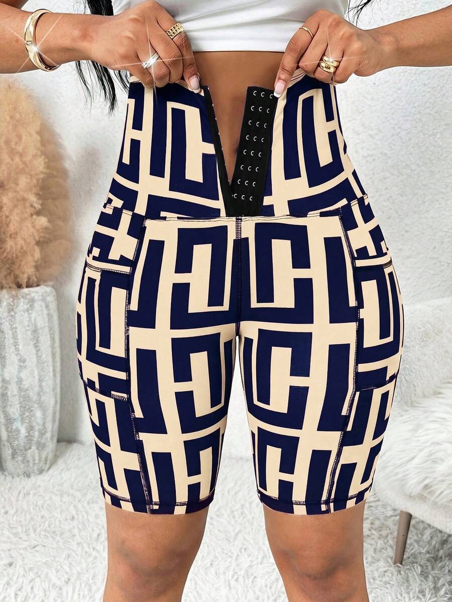 SHEIN Lady Women's Beige Navy Blue Geometric Print High Waist Button Up Tailored Shorts Elegant Sexy Casual Office Gym Workout Work Going Out Party Summer - Navy Blue - View 1