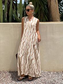 DAZY Floral Tie-Dye Spaghetti Strap Backless Dress, Elegant Vacation Summer Long Dress For Women - Khaki - View 3