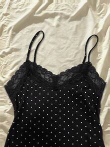 INAWLY Summer Slim Fit Polka Dot Contrast Lace Camisole - Black - View 4