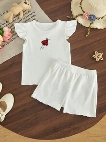 Conjunto de 2 piezas con top de manga corta con volantes y cuello redondo con patrón bordado y pantalones cortos - Multicolor - Ver 5