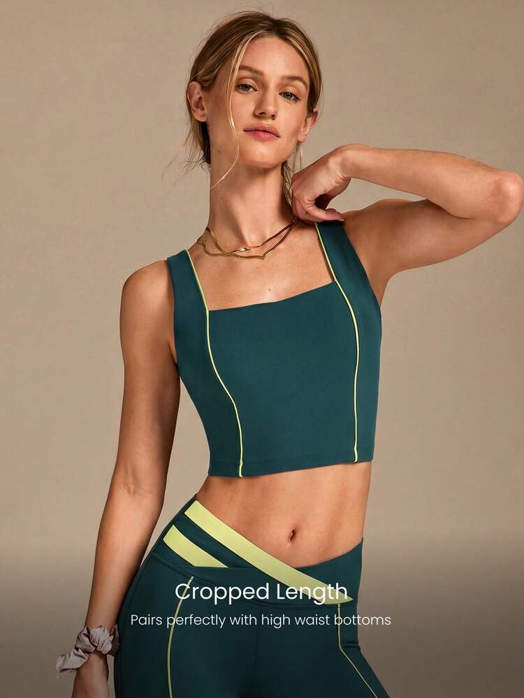 FeatherFit™ On The Line Soft Stretchy Sweat-Wicking UV Protection Crossover Back Two-Tone Removable Cups Cropped Active Tank Low Impact Yoga Pilates Studio Daily Active Wear