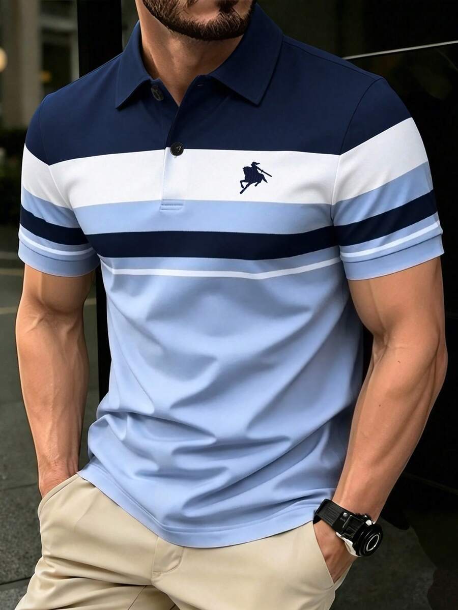 Calvornis 男士時尚休閒短袖對比條紋 Polo 衫，儀式場合適用 - 彩色 - 查看 1