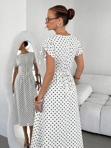 Siren Gaze Summer Elegant French Casual White And Black Polka Dot Maxi Dress For Women, Short Sleeve Tie Strap Ruched Waist Side Slit A-Line Long Dress, Beach - White - View 7