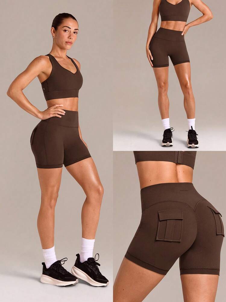 4.3" FeatherFit™ Sculpt Cargo Scrunch Butt-Lifting High Compression Sweat-Wicking Stretch Shorts With Back Pockets Anti-Slip Grip Medium Impact Training Running Workout Gym Fitness Wear