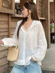 DAZY Women's Hooded Long Sleeve Loose Textured Fabric Lace Patchwork Casual Vacation Style Regular Jacket - White - View 4