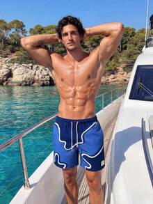 Solantero Men's Navy Blue Summer Casual Letter Print Drawstring Waist Beach Shorts,Holiday Pool Party Vacation Swim Trunks,Breathable Tropical Bathing Shorts - Blue - View 3